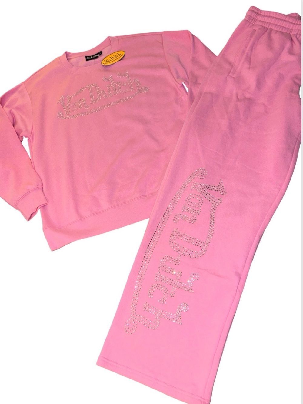 VON DUTCH BLING PINK FLEECE TRACKSUIT SWEATSUIT W/ CLEAR RHINESTONE LOGO NWT